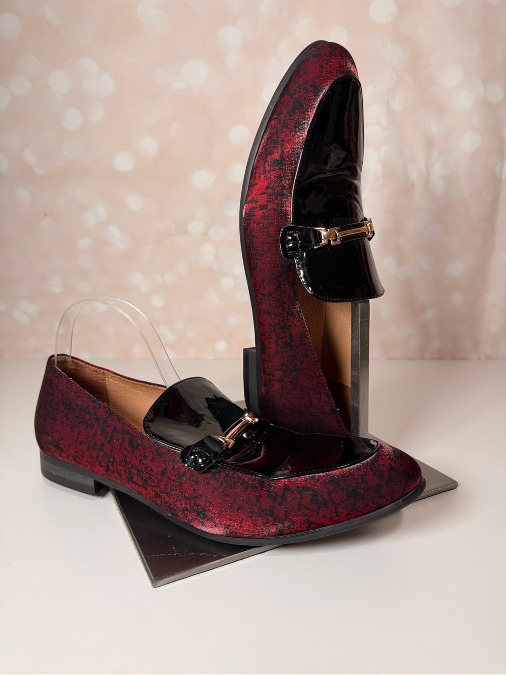 JITAI Leather and Fabric Red Speckled Loafer w Gold Detail